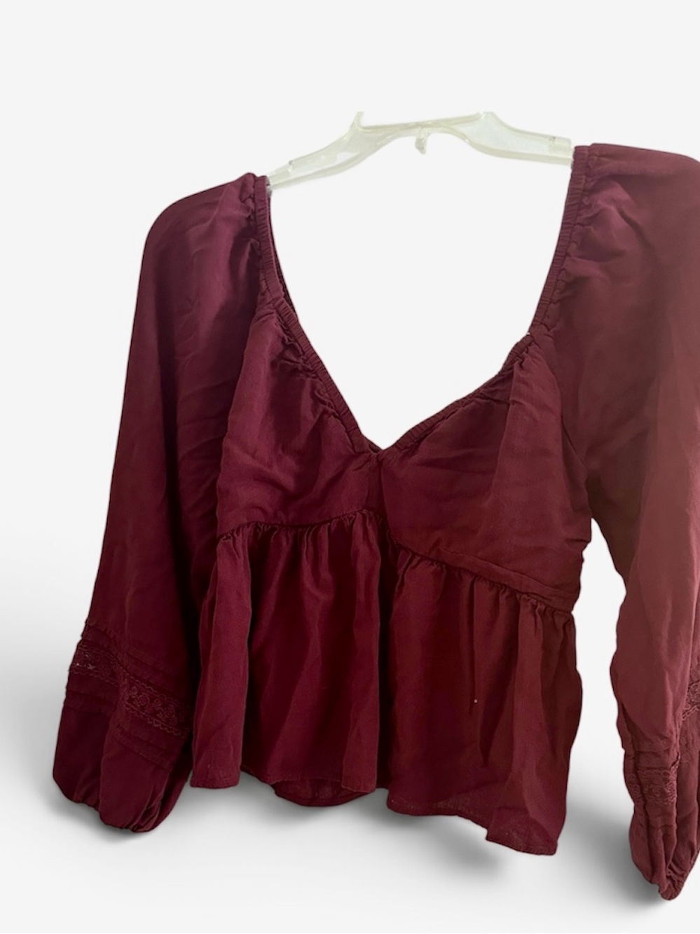 Women's Burgundy V-Neck Peasant Blouse - Long Sleeve